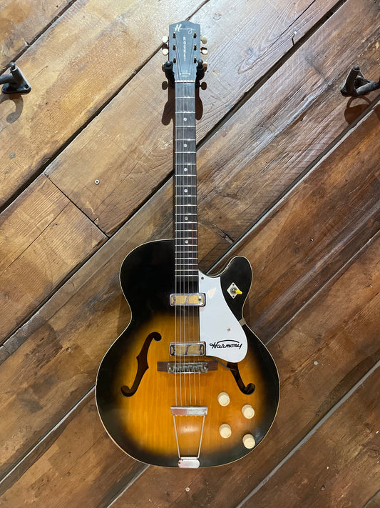 S/H 1960s Harmony USA Rocket H54 Thinline Hollow Body Electric Guitar, Tobacco Sunburst