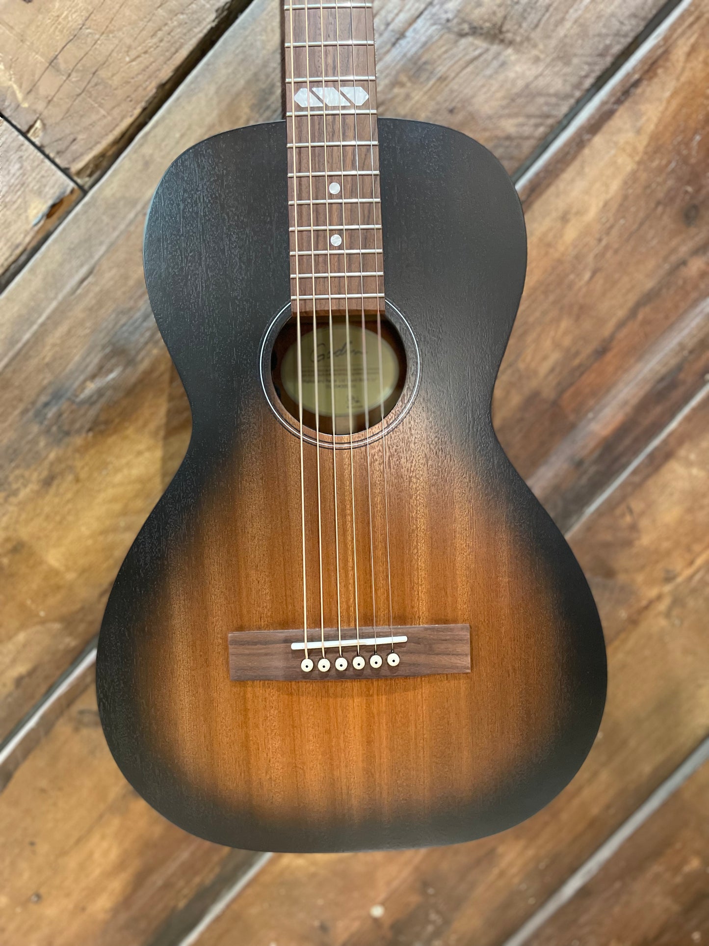Godin Mahogany Parlor Electro Acoustic Guitar, Black Burst A/E NEW